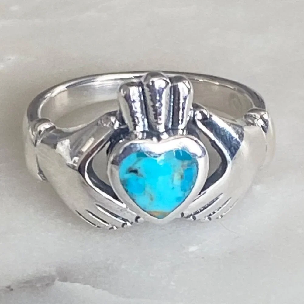 NEW Sterling Silver Claddagh Ring with Turquoise Heart Size 7